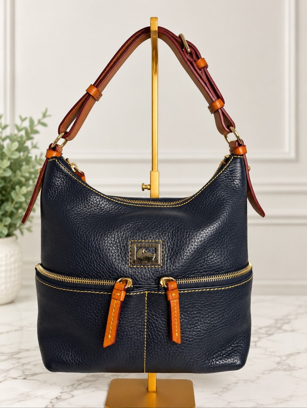 Dooney & Bourke Navy Pebble Leather Double Zip Hobo Shoulder Bag